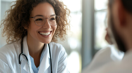 Fototapeta premium Friendly doctor wearing glasses and a lab coat is having a conversation with a patient in a doctor's office, displaying compassion and care to give a positive health check