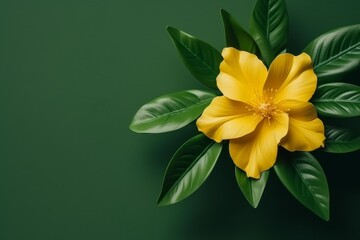 Fototapeta premium Vibrant yellow flower surrounded by lush green leaves creates a striking contrast against a deep green backdrop