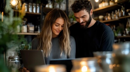 Young couple using laptop together in cozy cafe with warm lighting, sharing intimate moment while browsing online, romantic date night atmosphere.
