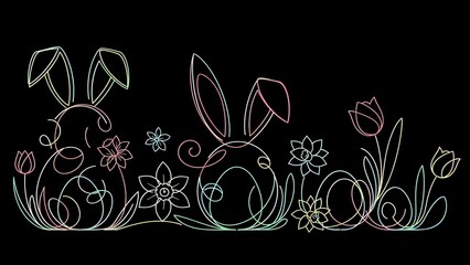 Easter bunny line art with spring flowers and decorative swirls on black background. Minimalist outline design for seasonal greeting cards and crafts.