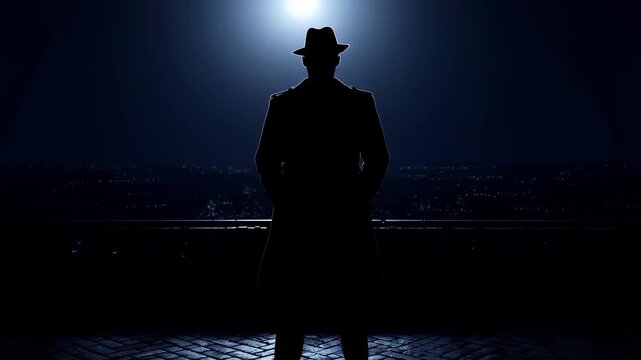 Mysterious figure in hat overlooking city at night with dramatic lighting