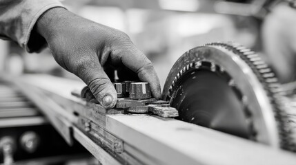 Technician adjusting the blade tension on a circular saw focusing on precise calibration to enhance cutting performance and tool lifespan.