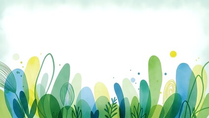 Abstract botanical background with organic green and blue leaf shapes creating natural border frame for eco-friendly design projects and presentations.