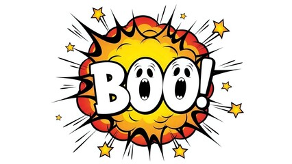 Fototapeta premium Comic book style BOO explosion burst with stars and radial lines on white background. Pop art exclamation for Halloween designs and graphic projects.