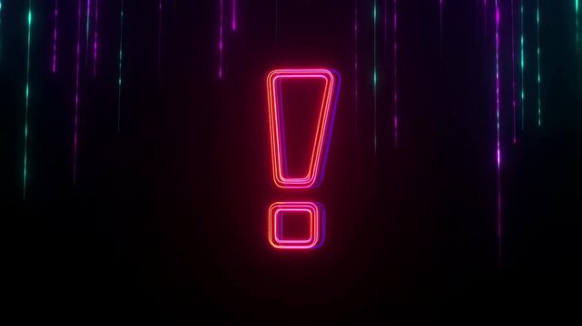 Neon exclamation mark animation with colorful light trails in dark background