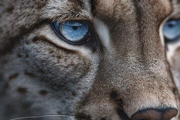 Obraz premium Close up of wild cat face showing striking blue eyes and detailed fur texture, capturing animal intense and captivating gaze in natural light