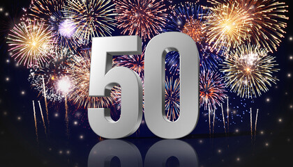 Silver number 50 with fireworks in the background. Festive scene for birthday or anniversary party