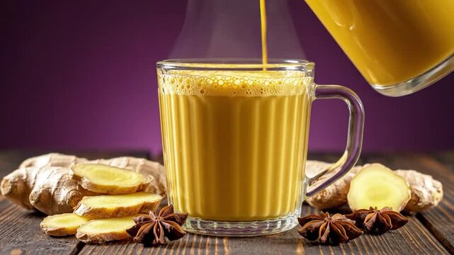 Warm golden drink pouring into a mug with ginger and star anise on wood, purple background