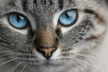 Close up portrait of cat with vivid blue eyes staring directly, showing detailed fur texture and whiskers in soft natural light, creating intense and captivating expression