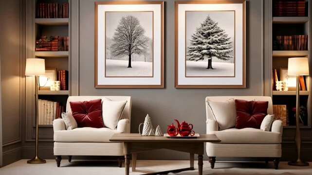 Cozy living room featuring elegant white armchairs, framed tree artwork on gray walls, warm lighting, and a stylish coffee table with decorative items, creating a welcoming atmosphere. Video greeting