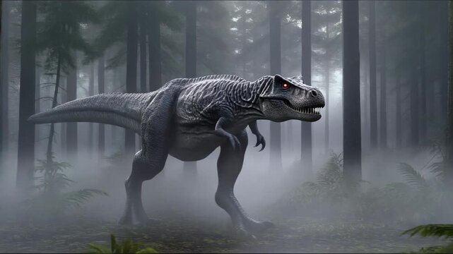 T rex, Dynamic aerial shot of a dinosaur running through a prehistoric swamp, creating ripples in the murky water.