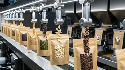 automated packaging of seeds into small pouches on conveyor belt with robotic arms