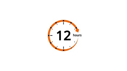 Orange circular timer icon showing 12 hours with an arrow and black dots on a white background clock