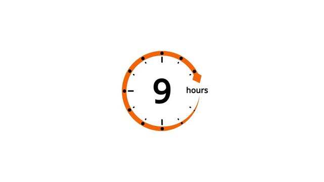 Orange circular timer icon showing 9 hours with an arrow and black dots on a white background clock
