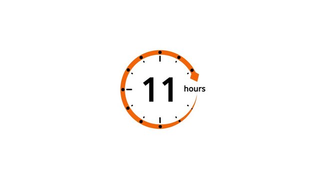 Orange circular timer icon showing 11 hours with an arrow and black dots on a white background clock