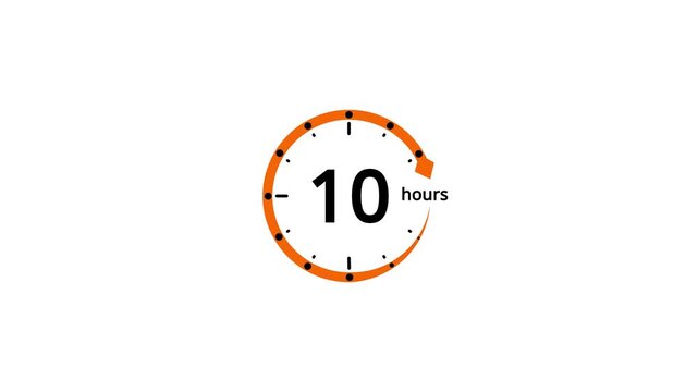 Orange circular timer icon showing 10 hours with an arrow and black dots on a white background clock
