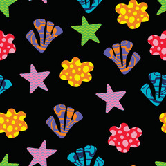 Seamless Dark Sea Life Pattern with Starfish and Coral