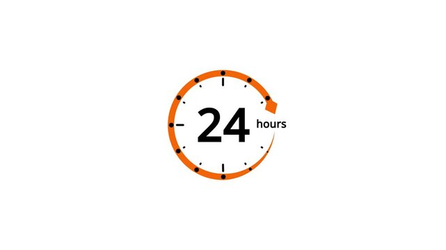 Orange circle clock icon showing 24 hours with arrow on white background time symbol