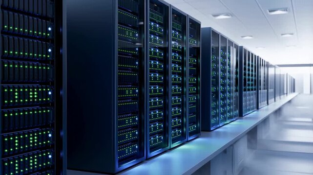 Modern data center hallway with bright lights and endless server racks capturing technology precision