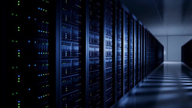 Gleaming data center servers in motion: hightech infrastructure and dynamic light patterns