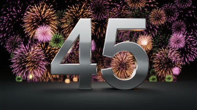Silver number 45 with fireworks in the background. Festive scene for birthday or anniversary party