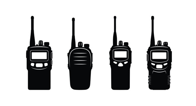 Four black walkie talkies displayed in a row side view silhouette
