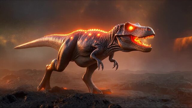 T rex, A dramatic scene of two large dinosaurs battling in a rugged, rocky prehistoric landscape with dust clouds.