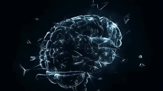 Digital brain shattering effect with glass fragments in slow motion