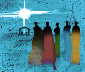 Visitors to Bethlehem witness the birth of Christ in a stable under a bright star in a Christian themed grunge filled rustic style illustration.