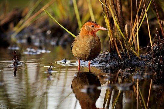 Ruddy breasted crake standing in shallow water with reflection looking for food