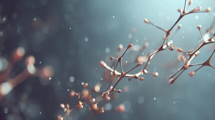 Abstract molecular structure with floating particles and soft depth of field, scientific background ideal for biology, medicine, chemistry education and biotech communication.