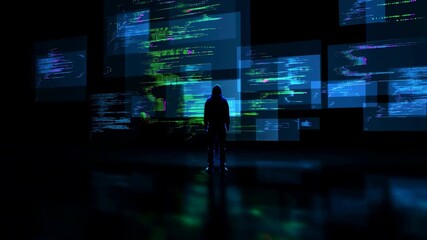 Immersive digital world: silhouettes interacting with futuristic data displays - Powered by Adobe