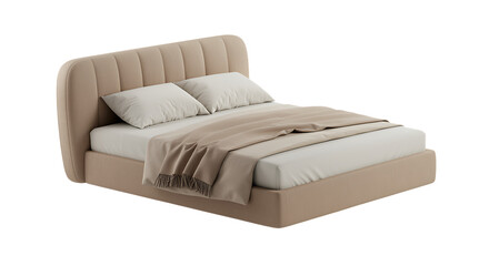 Elegant beige upholstered bed with pillows and bedding on transparent background