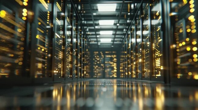 Futuristic server room with glowing lights and sleek architecture