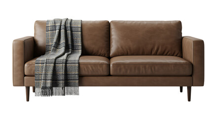 A comfortable brown leather two seater sofa with a patterned throw on transparent background
