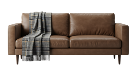 A comfortable brown leather two seater sofa with a patterned throw on transparent background