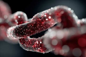 Red digital chain link made of connected data points, symbolic technology background ideal for blockchain, digital trust, security concepts and fintech storytelling.