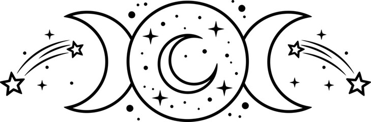 Triple goddess symbol with phases of moon and shooting stars. Lunar mythology wiccan paganism concept. Vector illustration for magic print