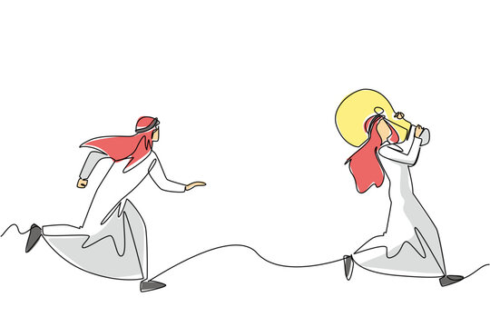 Single continuous line drawing Arab businessman chases a man running with a light bulb. Attempt to catch a criminal. Plagiarism. Copyright. National Creativity Day. One line design vector illustration