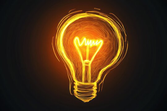 A glowing light bulb with a bright yellow filament and a black base, set against a dark background. - Powered by Adobe