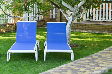Two stylish lounge chairs in tranquil garden for unwinding on sunny day. modern design complements lush greenery, offering comfort and relaxation. Blue lounge chairs placed on a grassy patch in garden