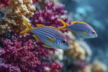 Obraz premium Colorful tropical fish swimming along vibrant coral reef wall with purple and beige coral underwater in ocean habitat