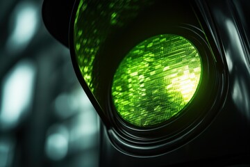 Close up of illuminated green traffic signal against blurred urban backdrop, symbolizing movement and permission