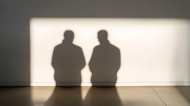 Two shadowed figures stand against a plain wall, their forms blurred yet distinct, creating an ambiance of mystery and anticipation. The stark contrast highlights the visual impact.