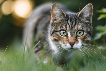 Fototapeta premium Confident cat moving through grass in park with focused green eyes and detailed fur in natural outdoor light creating calm and curious atmosphere