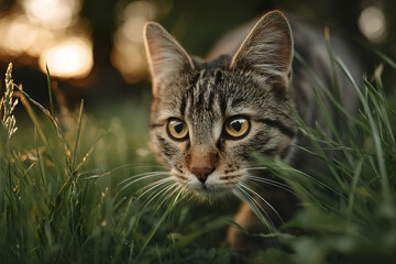 Fototapeta premium Confident cat moving through grass in park with focused eyes and alert ears during golden hour light creating warm and natural outdoor atmosphere