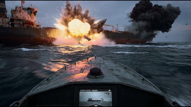 High-quality cinematic footage of a naval drone attacking a tanker at sea, featuring realistic explosions and dynamic action