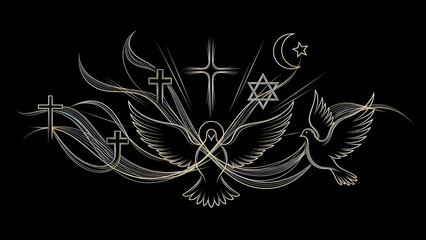 Religious symbols unity design with dove, cross, star of david, crescent moon and islamic calligraphy on black background for interfaith harmony concepts.