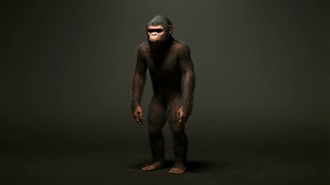 Humanoid ape stands and observes in dramatic lighting for cinematic scenes