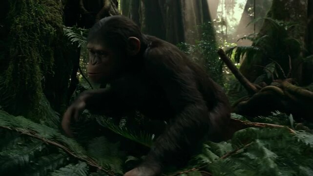 Young chimp swinging through lush jungle exploring dense forest canopy